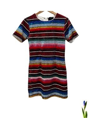 X By NBD (Revolve) Multicolor Striped Sequin Mini Dress — Red, Blue, Green, Gold